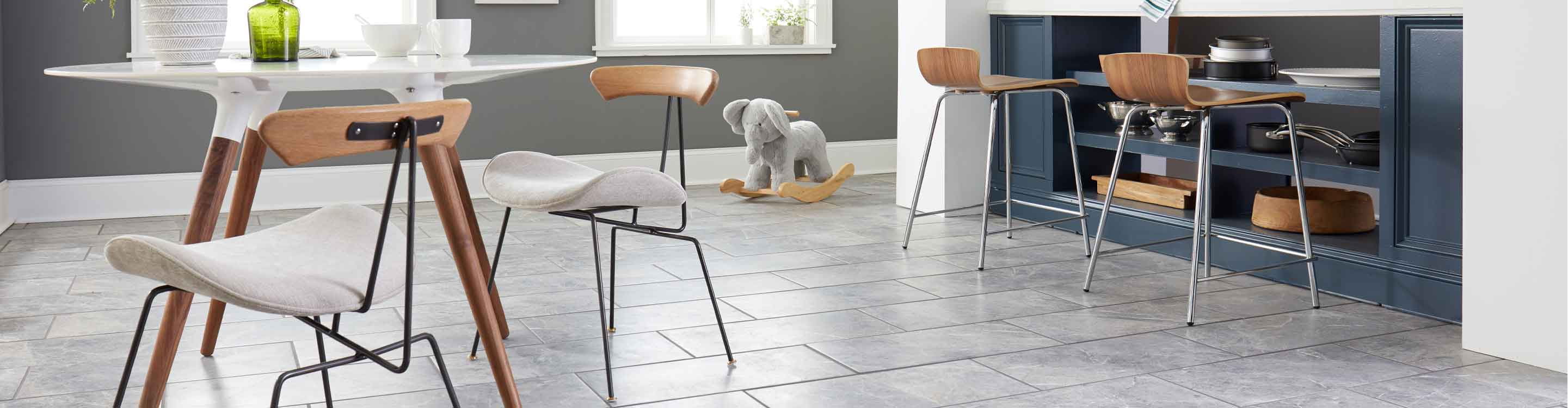 Gray tile flooring in a kitchen