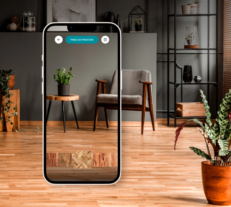 room visualizer tool smartphone frame over an image of a modern living space